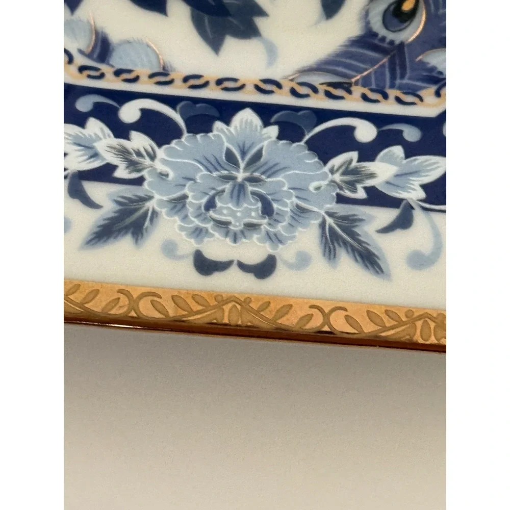 Vintage Eiwa Japan Peacock & Peony Raised Enamel Blue Octagon Plate Gold Trim 7½